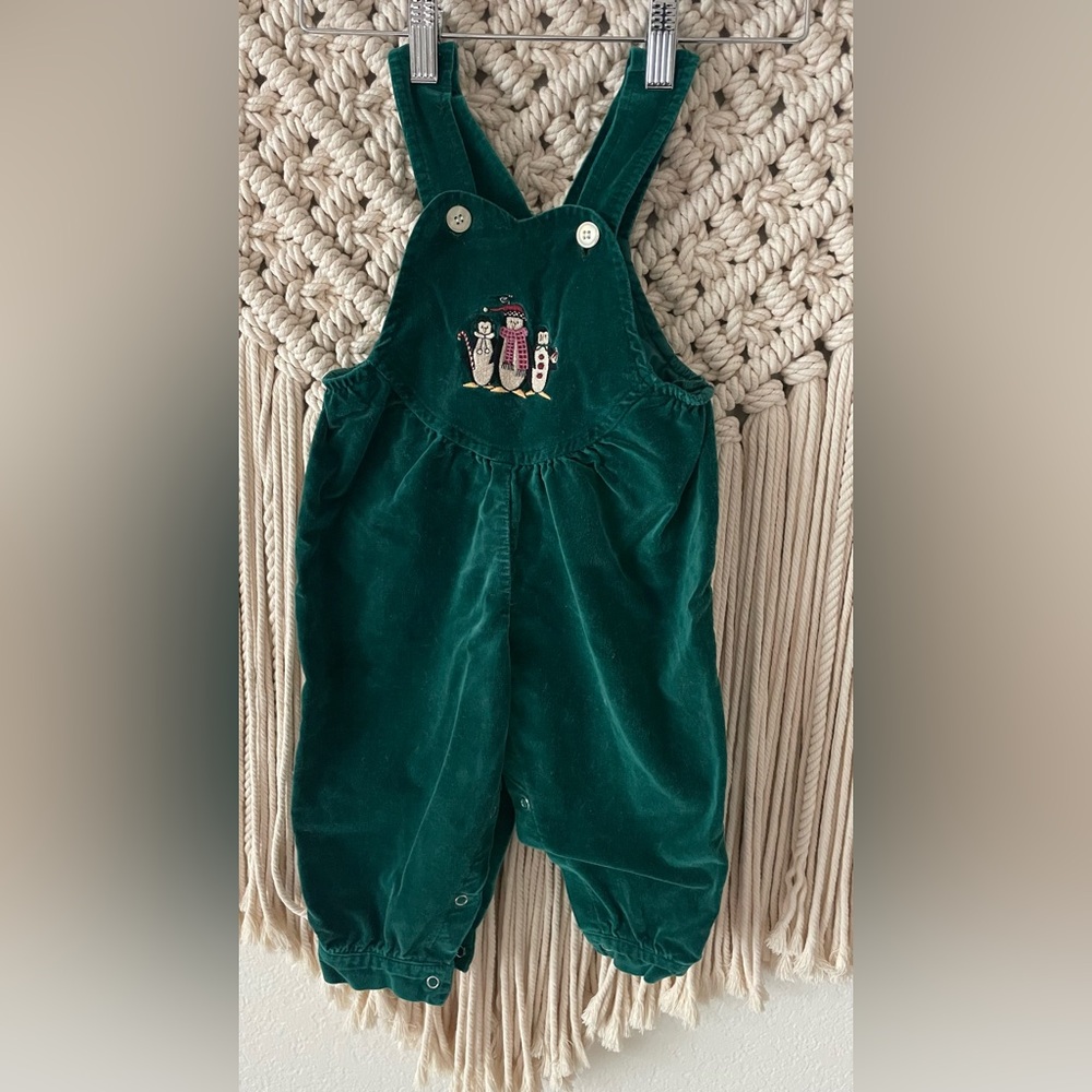 Green Kids Overalls with Penguin Embroidery